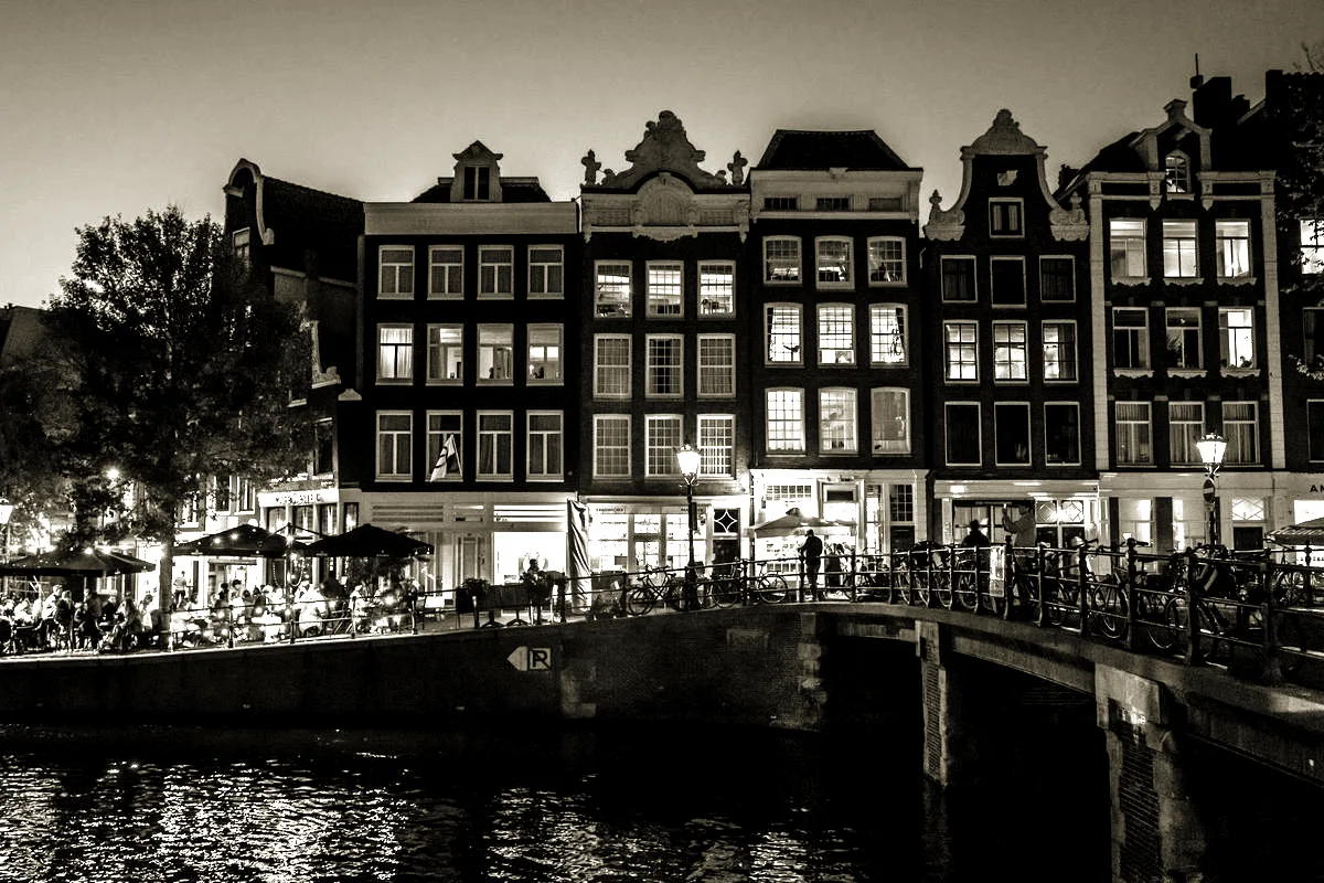 Amsterdam canal houses at dusk