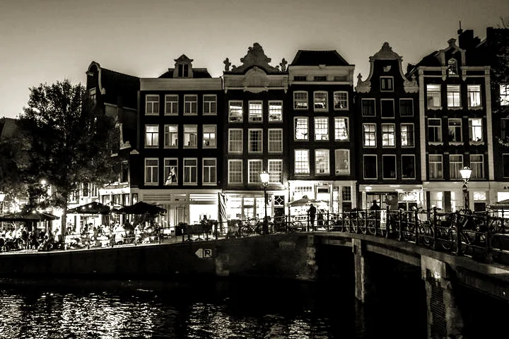Amsterdam canal houses at dusk